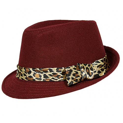 Fedora Hats - Wool-felt Like w/ Leopard Print Band - Red - HT-AHA51743RD